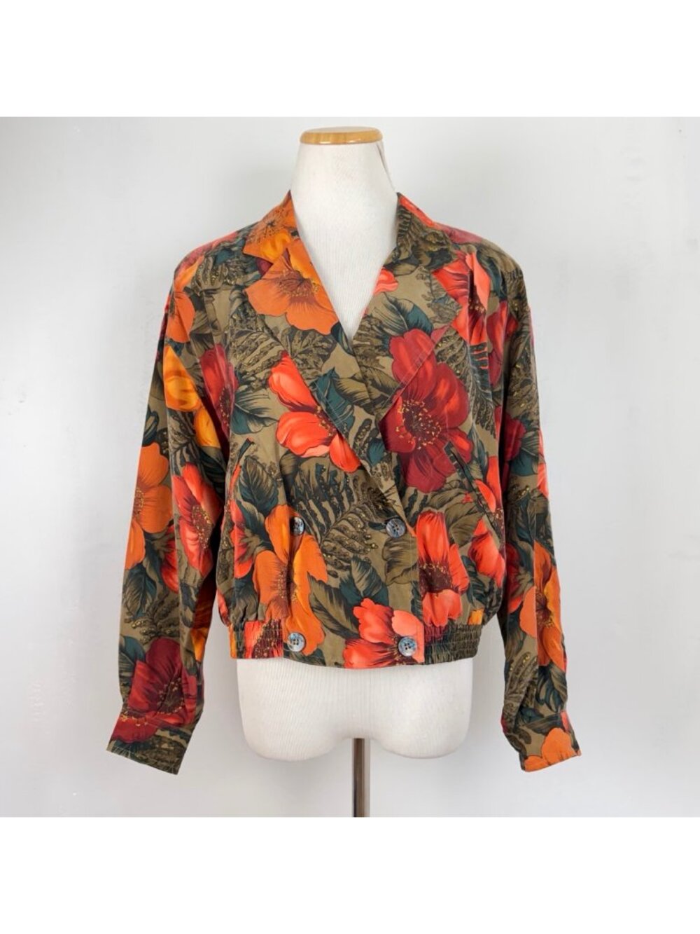 Vintage Cropped Silk Bomber Jacket Size Small/Medium 80s Floral Double Breasted